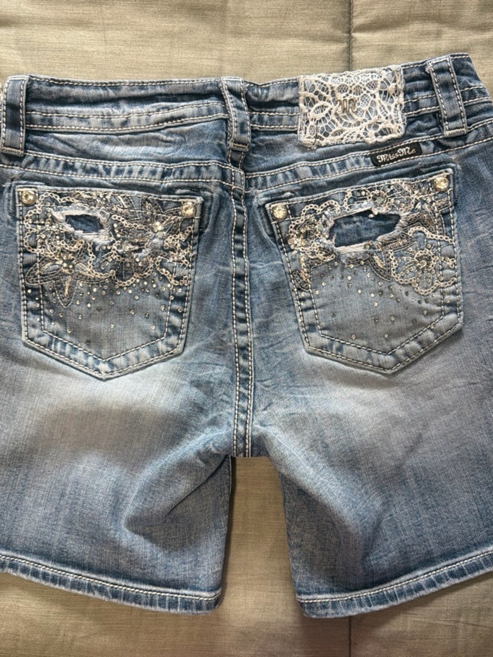 Miss Me Blue Distressed Denim Shorts with Lace Insets - Picture 2 of 5